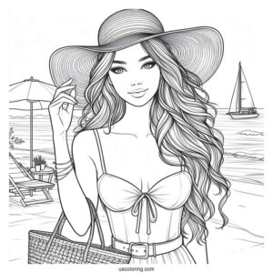 Beautiful Woman In A Summer Coloring Page Outfit At The Beach