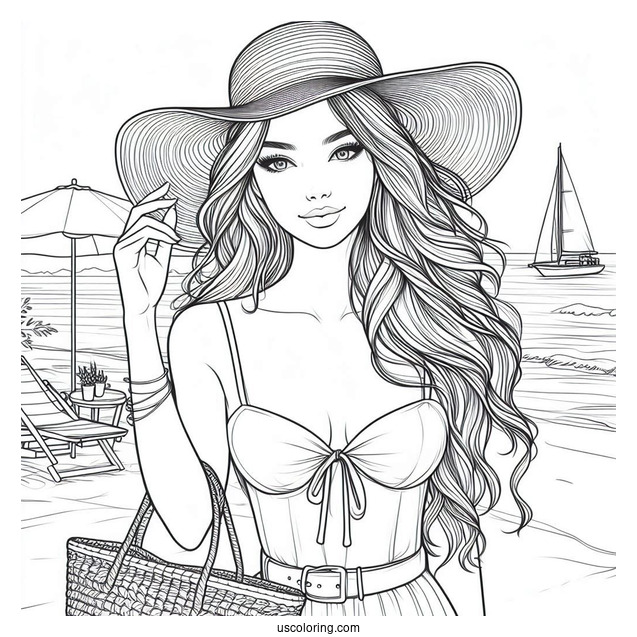 Beautiful Woman In A Summer Coloring Page Outfit At The Beach
