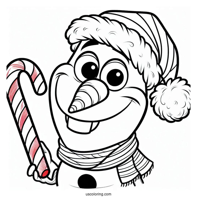 Olaf Wearing Santa Hat With Candy Cane To Color
