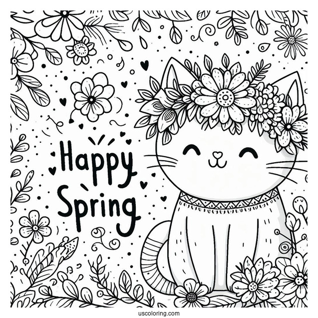 Happy Spring Words Above A Cat Wearing A Flower Wreath Coloring Sheet