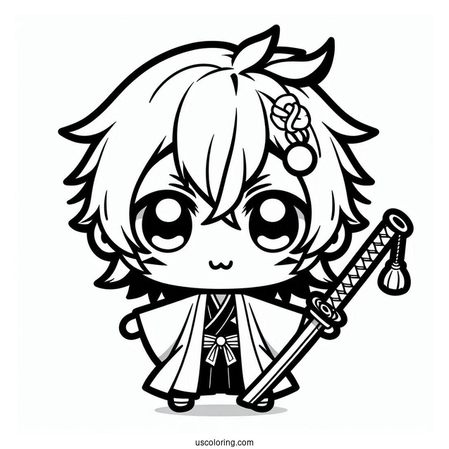 Kawaii Tanjiro Coloring Page Using Nichirin Sword For Kids