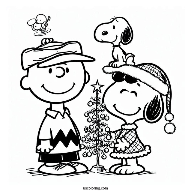 Charlie Brown And Snoopy With Christmas Tree To Color