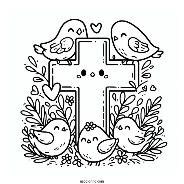 Cute Little Birds Surrounding A Cross Coloring Page For Kids