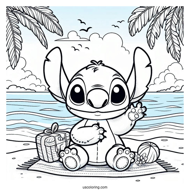 Stitch Holding Up A Father's Day Coloring Page Of Greeting At The Beach For Kids