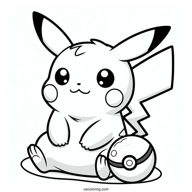 Kawaii Pikachu Sitting On Pokeball Coloring Sheet