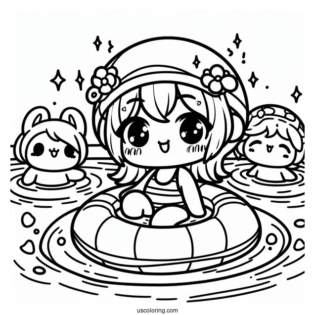 Kawaii Chibi Kids Swimming Coloring Page In The Pool For Kids