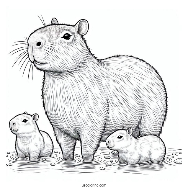 Mama Capybara Coloring Page With Babies In The Water