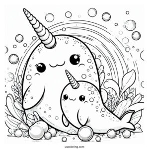 Mama And Baby Narwhal Coloring Page Surrounded By Bubbles