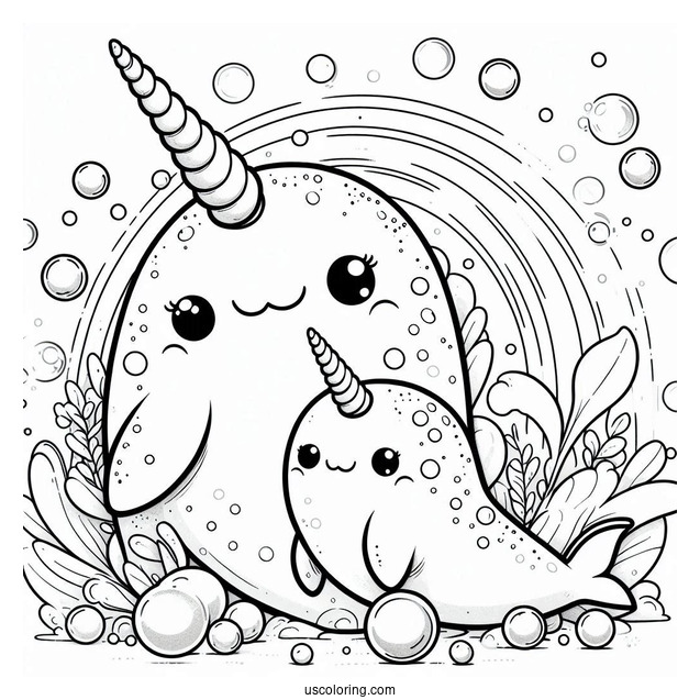 Mama And Baby Narwhal Coloring Page Surrounded By Bubbles