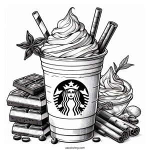 Realistic Starbucks Coloring Page Frappe With Chocolate Bar And Cinnamon Stick