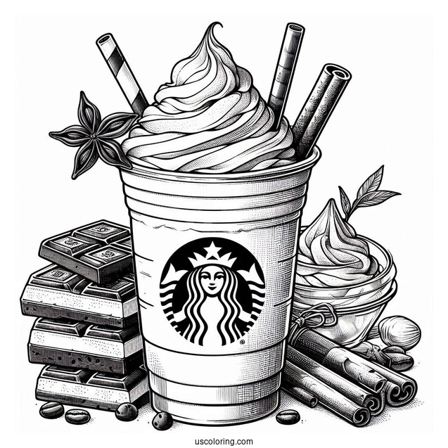 Realistic Starbucks Coloring Page Frappe With Chocolate Bar And Cinnamon Stick