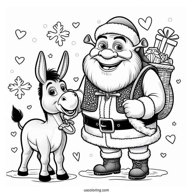 Shrek Dressed As Santa With Donkey Coloring Sheet