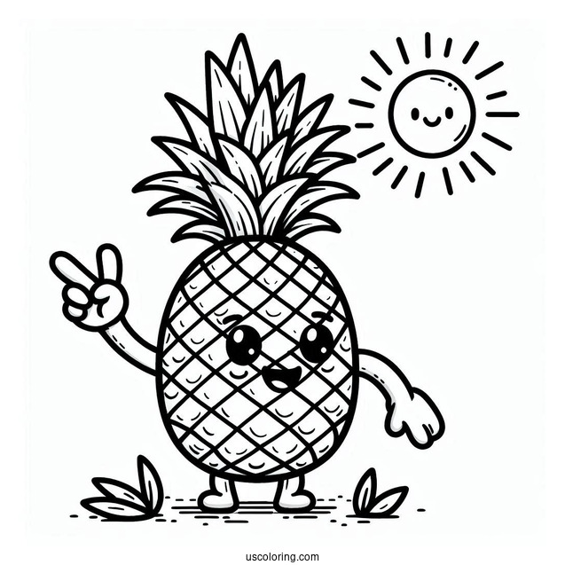 Waving Pineapple Coloring Page Character Smiling Under the Sun For Kids