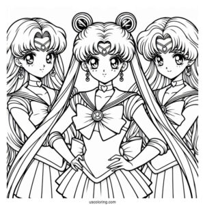 Sailor Moon, Tuxedo Mask, and Chibusa Coloring In