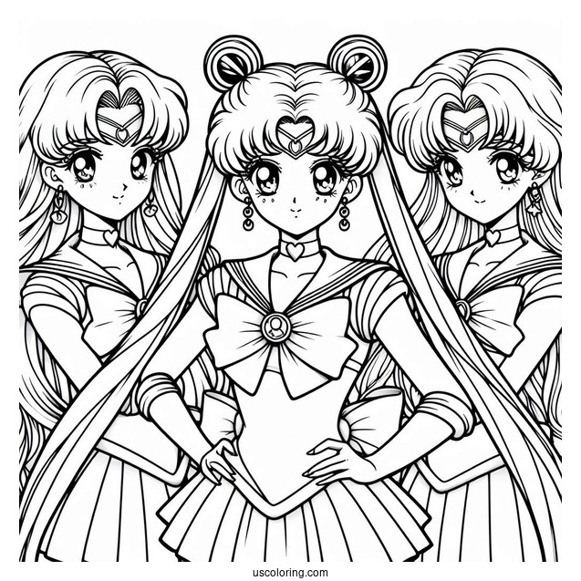 Sailor Moon, Tuxedo Mask, and Chibusa Coloring In