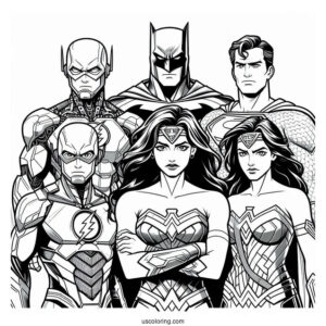 Justice League Coloring Page Of Cyborg, Green Lantern, Flash, Wonder Woman, Batman, And Superman