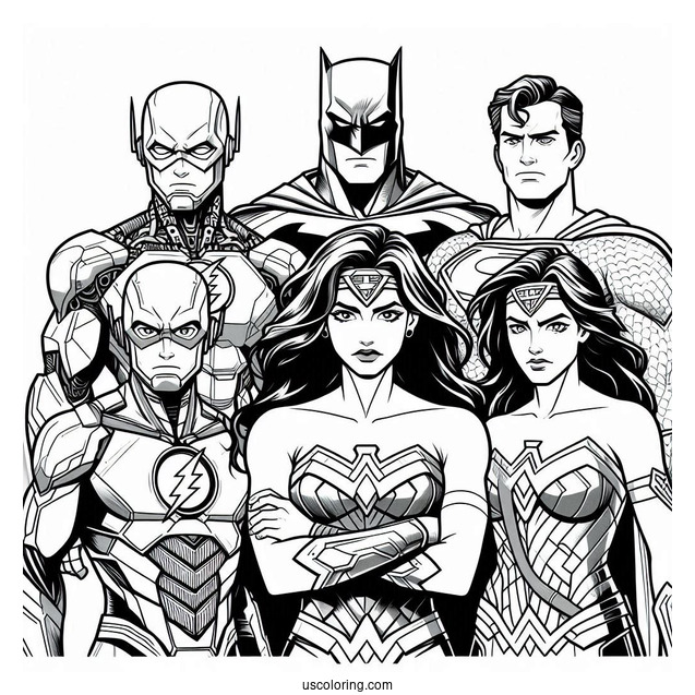 Justice League Coloring Page Of Cyborg, Green Lantern, Flash, Wonder Woman, Batman, And Superman