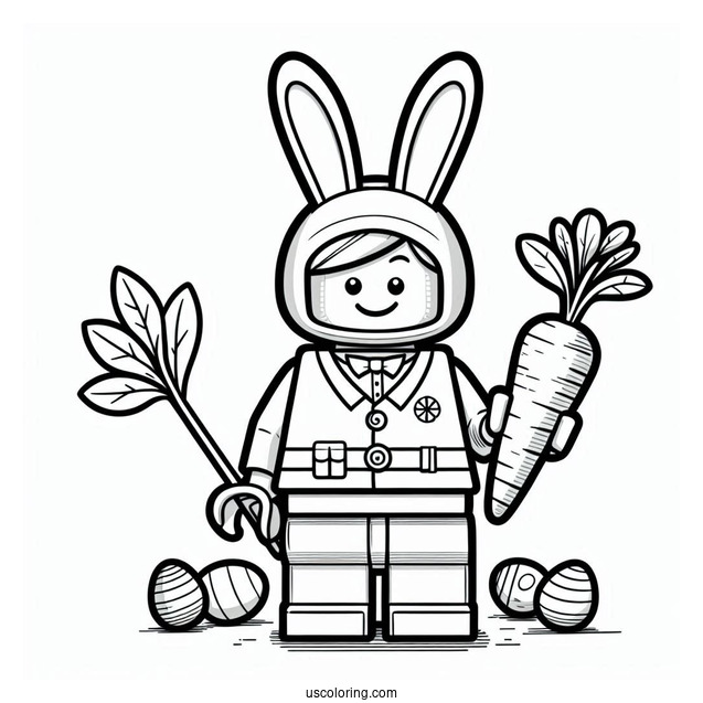 Lego Man In Easter Bunny Coloring Page Costume Holding Carrot