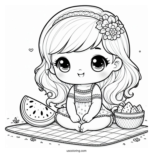 Pretty Baby Coloring Page Sitting On A Picnic Mat With A Watermelon For Kids