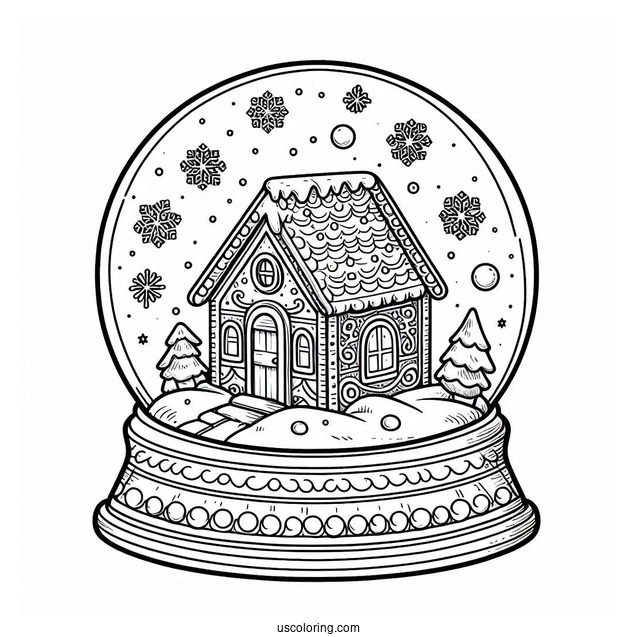 Gingerbread House Snow Globe Coloring Page For Kids