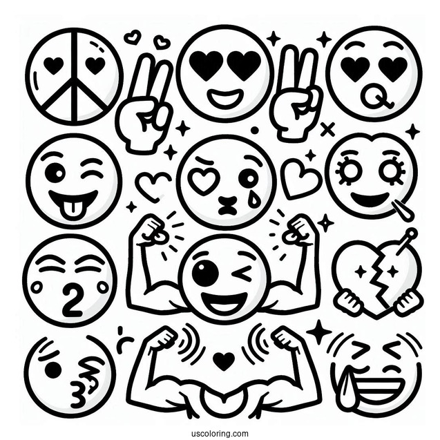 Peace Sign, Winking With Tongue, Heart Eyes, Heart, Raising Hands, Party Popper, Loudly Crying, Hundred Points, Folded Hands, Blow a Kiss, Flexed Biceps, Dizzy Face Emoji Coloring Page