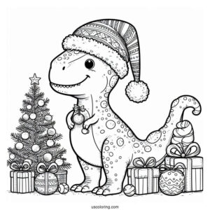 Christmas Themed T-Rex With Santa Hat To Color