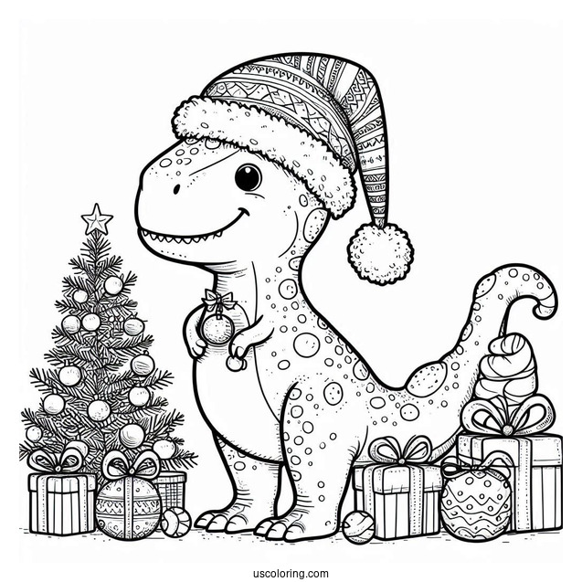 Christmas Themed T-Rex With Santa Hat To Color