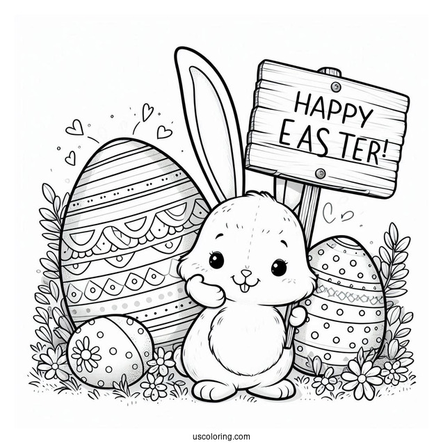 Bunny Holding Happy Easter Coloring Page Of Sign Next To Large Easter Eggs