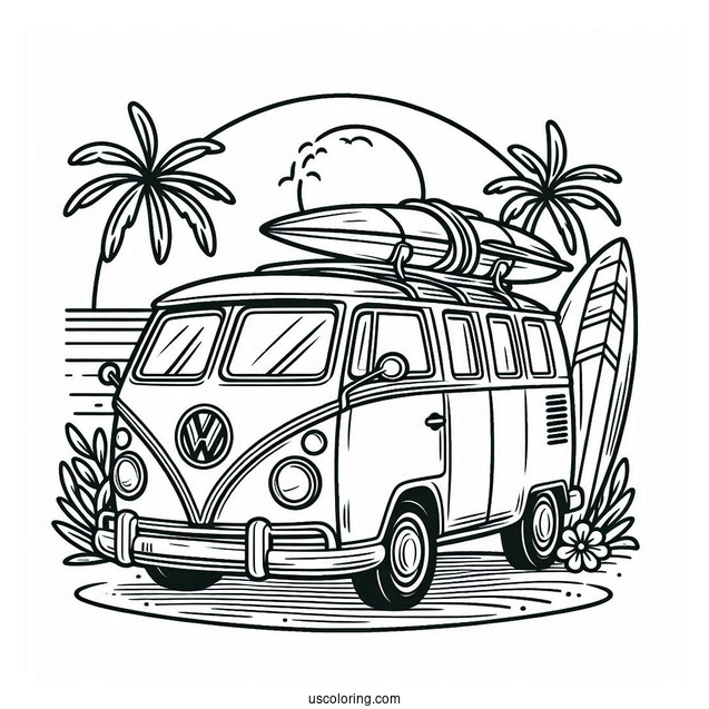 Volkswagen Van With Surfboard Summer Coloring Page