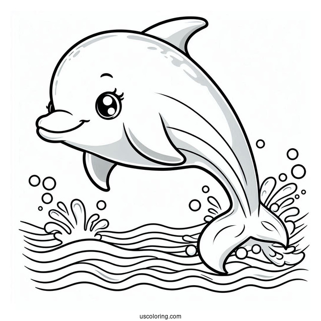 Cartoon Dolphin Swimming In Ocean To Color