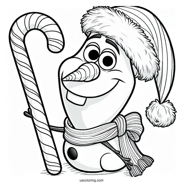 Olaf Wearing Santa Hat With Candy Cane To Color