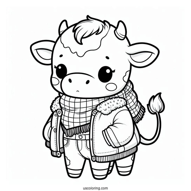 Cute Baby Cow Wearing A Jacket Coloring Pictute