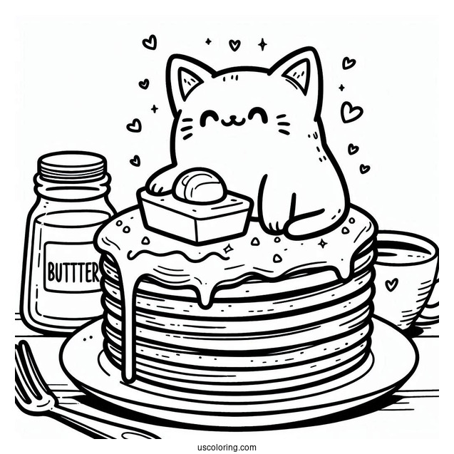Cat Pancake Coloring Page With Butter