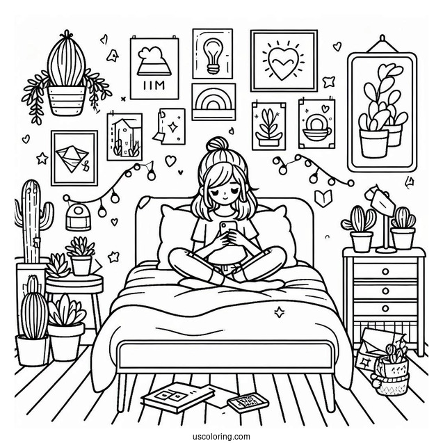Bedroom Coloring Page Girl Texting On Her Bed Surrounded By Posters And Cactus