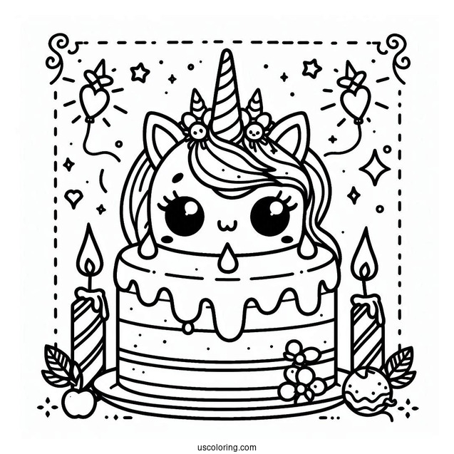 Kawaii Unicorn Cake With Candles Coloring In