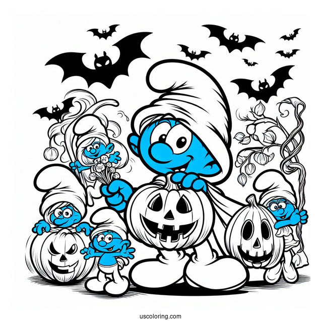 Detailed Halloween Smurfs Coloring Page