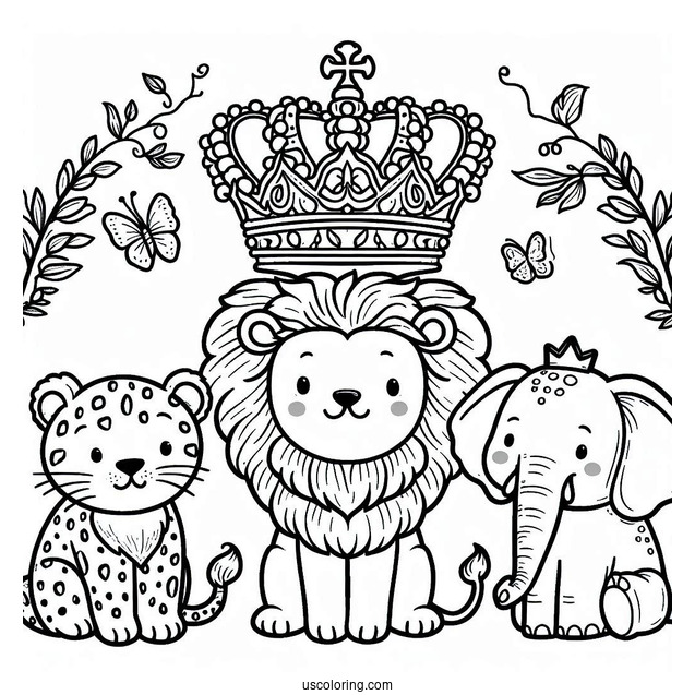 Jungle Animal Crown Coloring Page with Lion, Elephant, and Leopard For Preschoolers