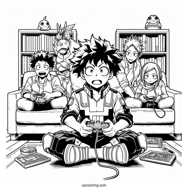 Full Page My Hero Academia Deku Coloring Page Playing Video Game With Friends