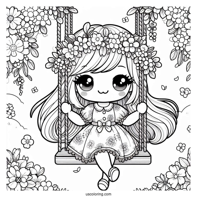 Kawaii Girl On Floral Swing In Spring Coloring Page Coloring Page For Kids