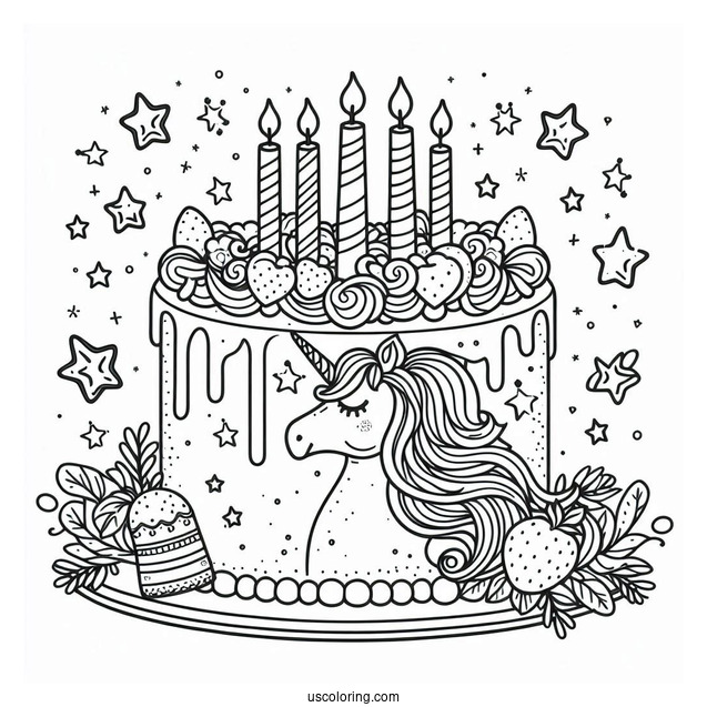 Unicorn Birthday Cake Coloring In For Kids