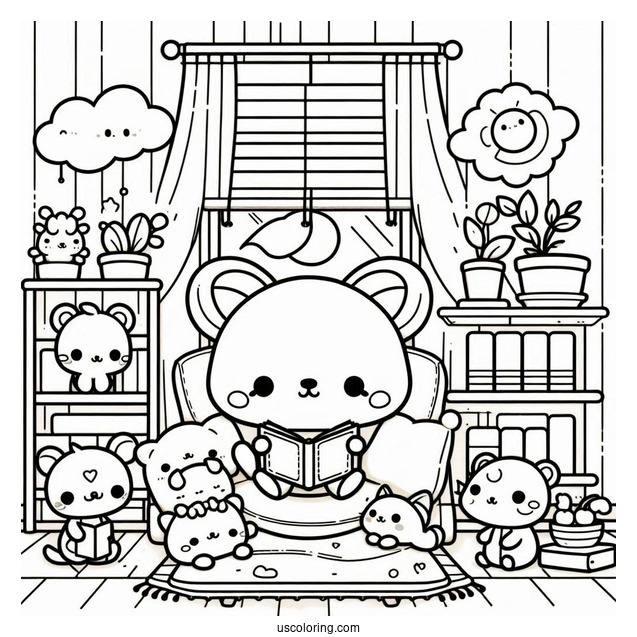 Kawaii Little Animals Resting In A Room Coloring Sheet
