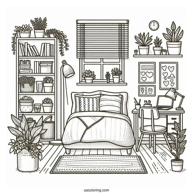 Bedroom Coloring Page Of Tiny Studio Apartment With Bookshelf And Plants