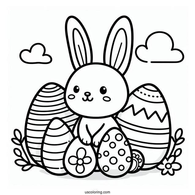 Simple Easter Bunny Coloring Page Outline With Cartoon Eggs