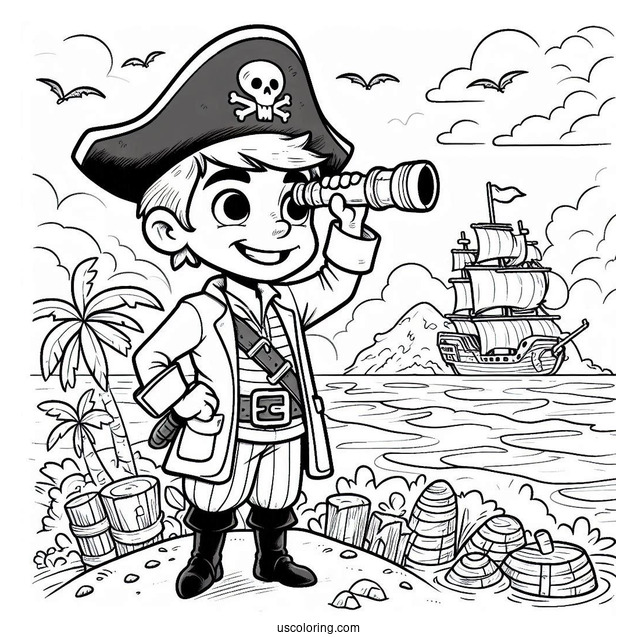 Pirate Coloring Page Surveying An island