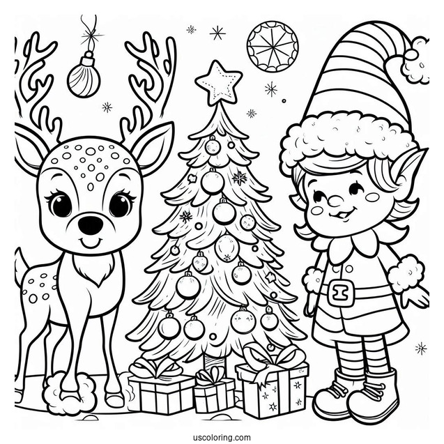 Elf, Reindeer And Christmas Tree To Color For Kids