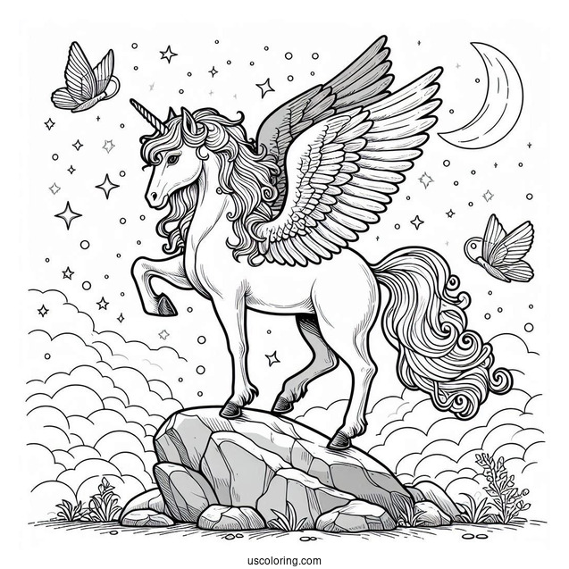Pegasus Coloring Page Standing On A Rock