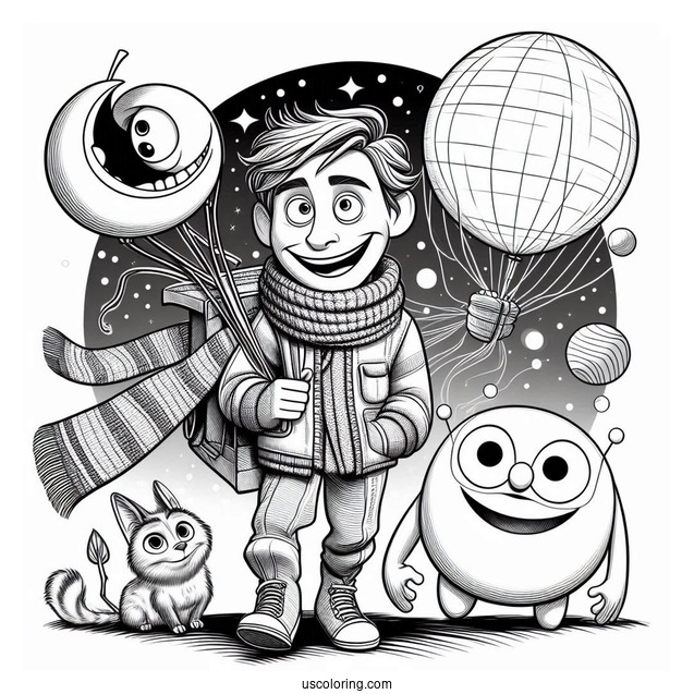 Pixar Coloring Page of Joe Gardner With 22, Moonwind, And Mittens From Soul