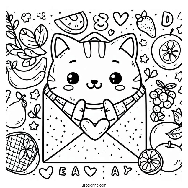 Cute Coloring Page Cat Inside An Envelope Surrounded By Fruits And Letters