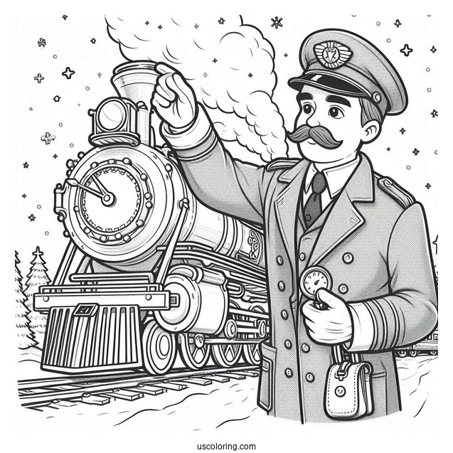 Polar Express Coloring Page Of Simple Conductor Checking The Time For Preschoolers
