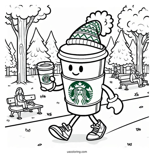 Cartoon Starbucks Coloring Page Cup Strolling In The Park With A Santa Hat